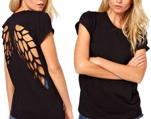 Summer T-shirts Angel Wings Short Sleeve 0-Neck Women Casual Shirts Backless Casual Tops Black White Plus Size S-XXXL
