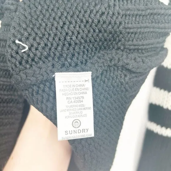 Sundry Womens Merino Wool Blend Striped Pullover Crewneck Sweater Size M Navy