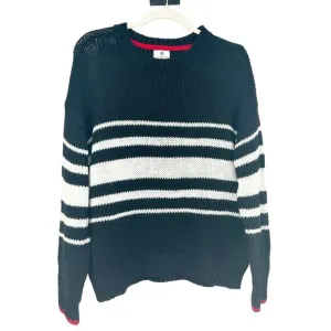 Sundry Womens Merino Wool Blend Striped Pullover Crewneck Sweater Size M Navy