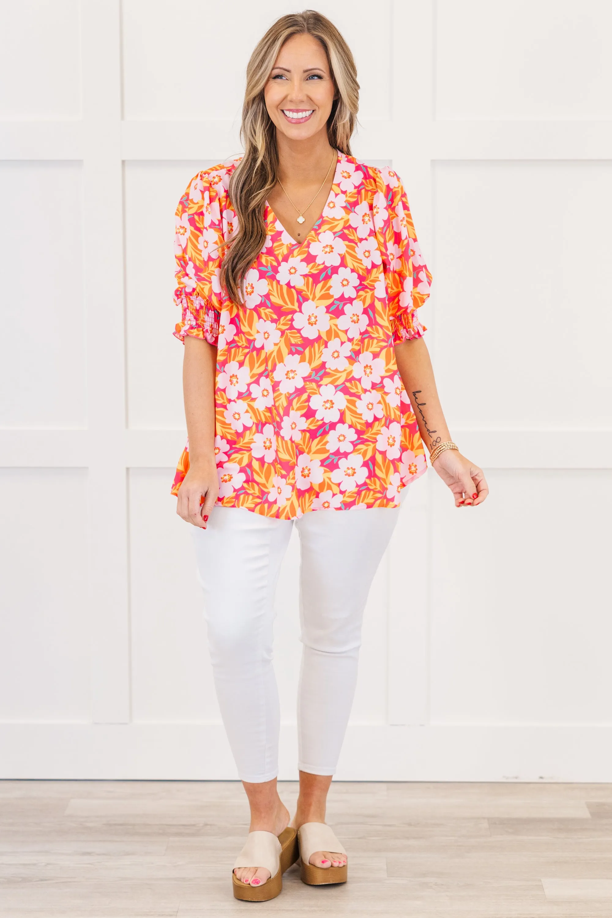 Sunlit Petals Top, Hot Pink