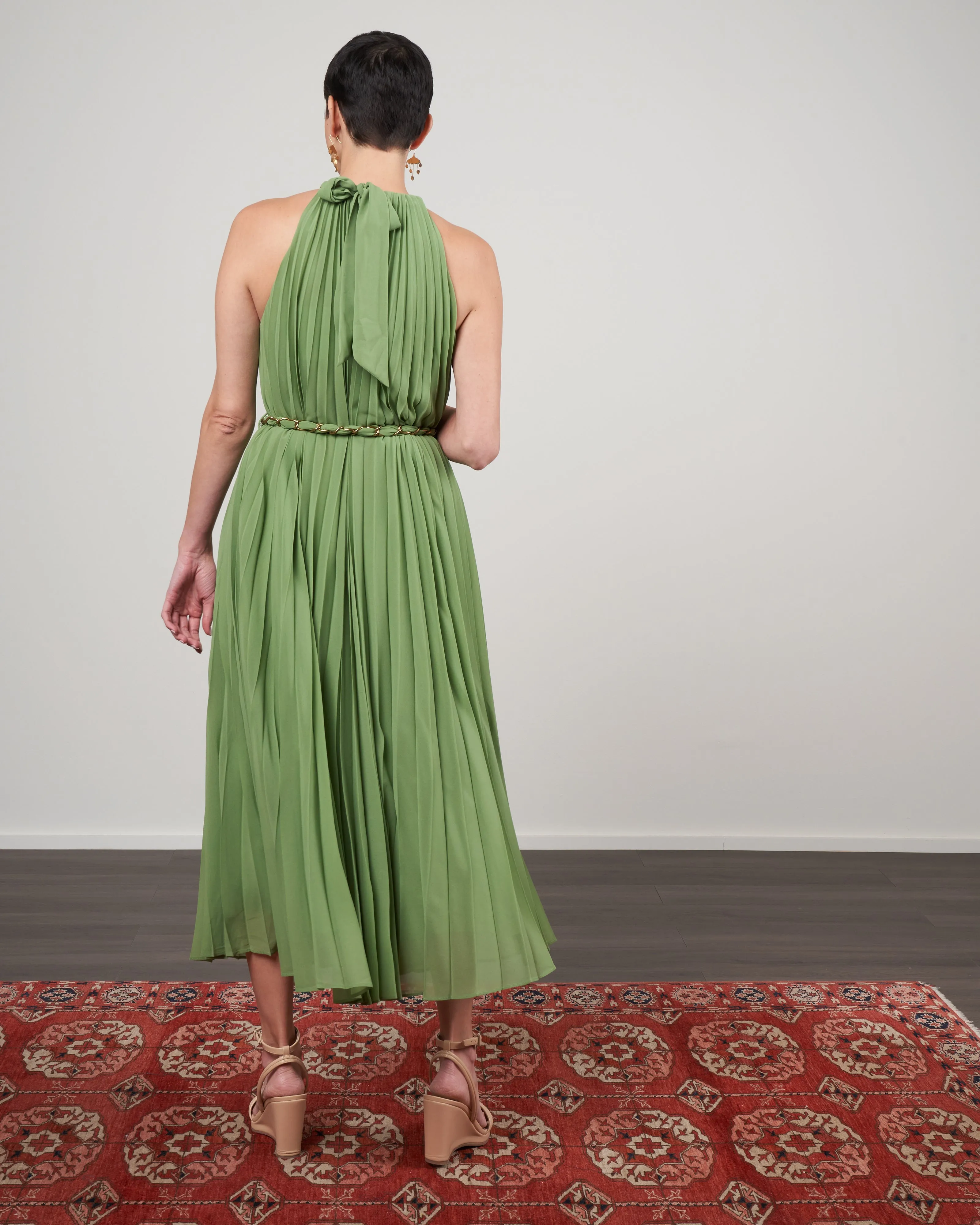 sunray pleat midi dress - sage