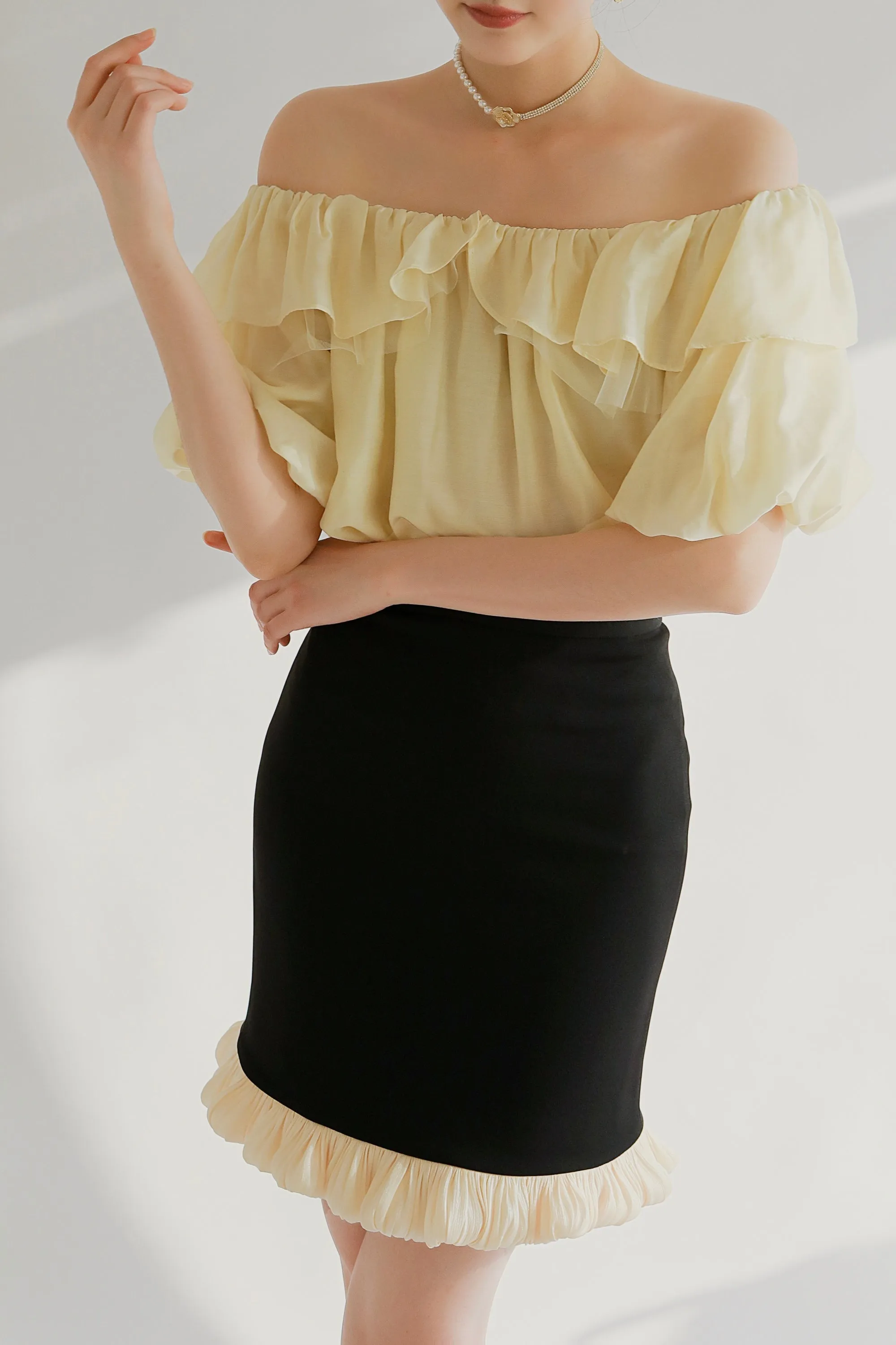 Sweet Spot Mini Skirt With Beige Satin ruffles