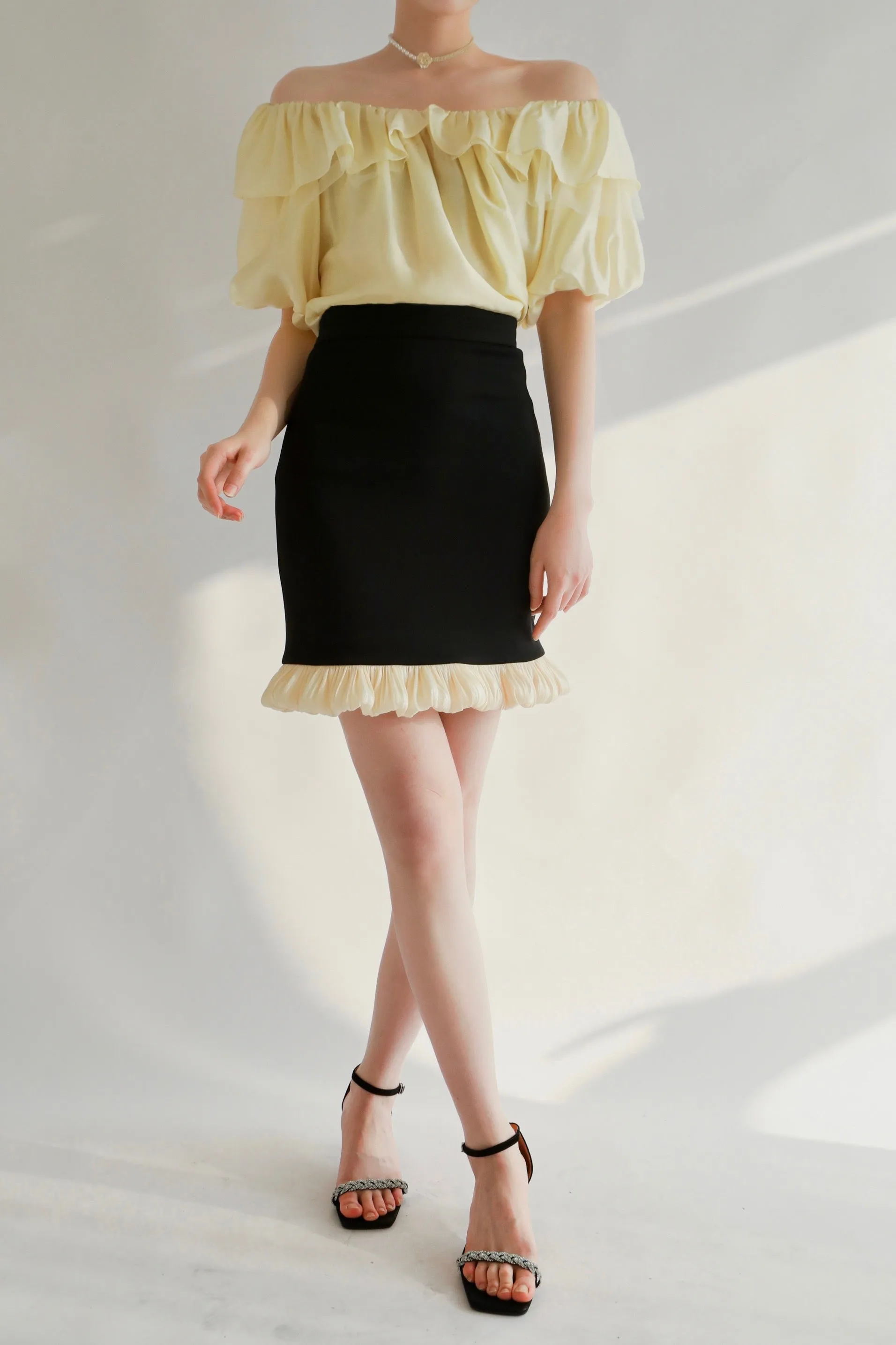 Sweet Spot Mini Skirt With Beige Satin ruffles