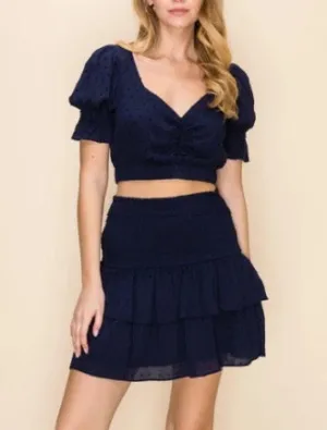 Swiss Dot Short Sleeve V Neck Crop Top