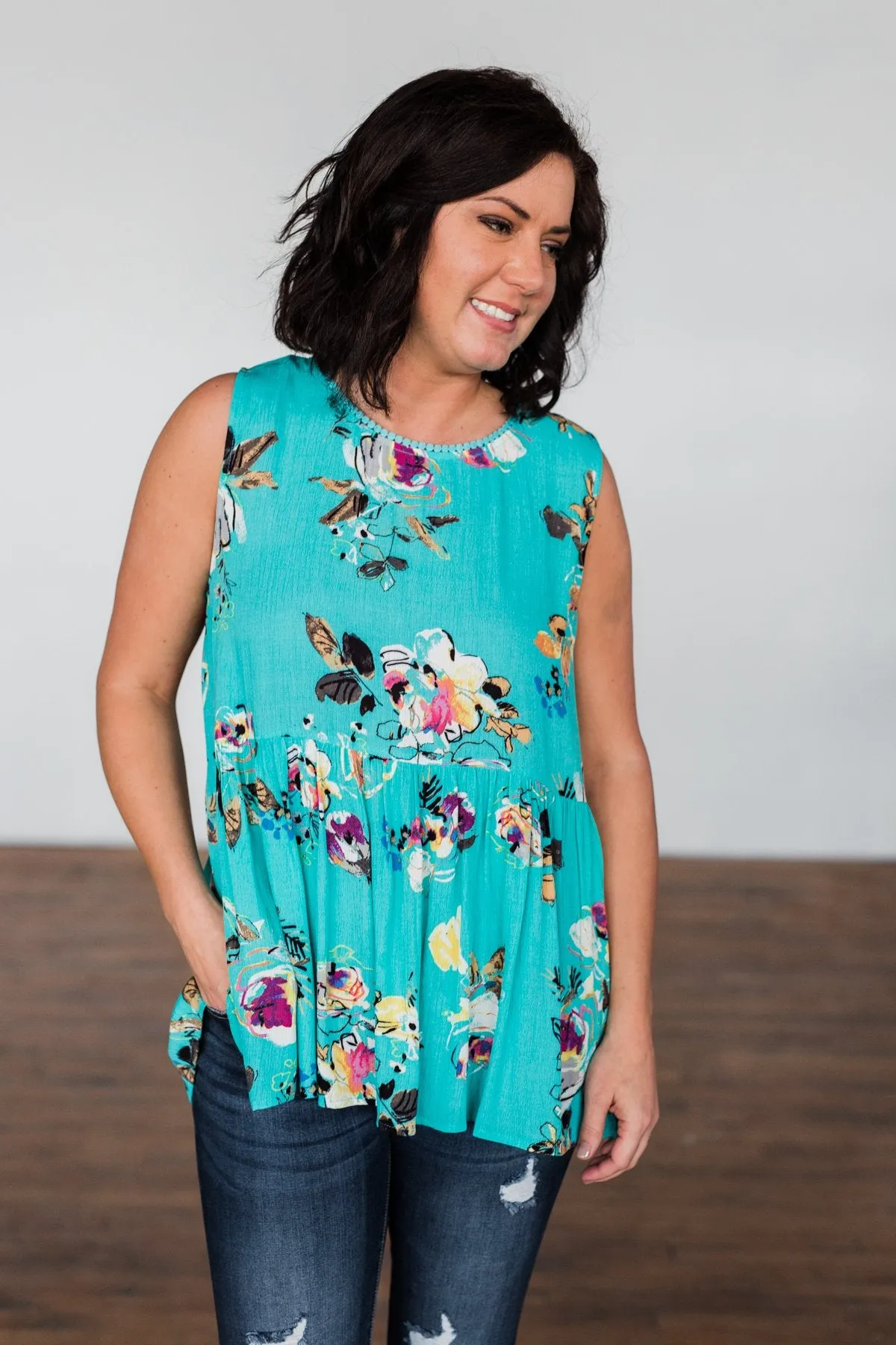 Tale Of Time Floral Babydoll Tank Top- Turquoise