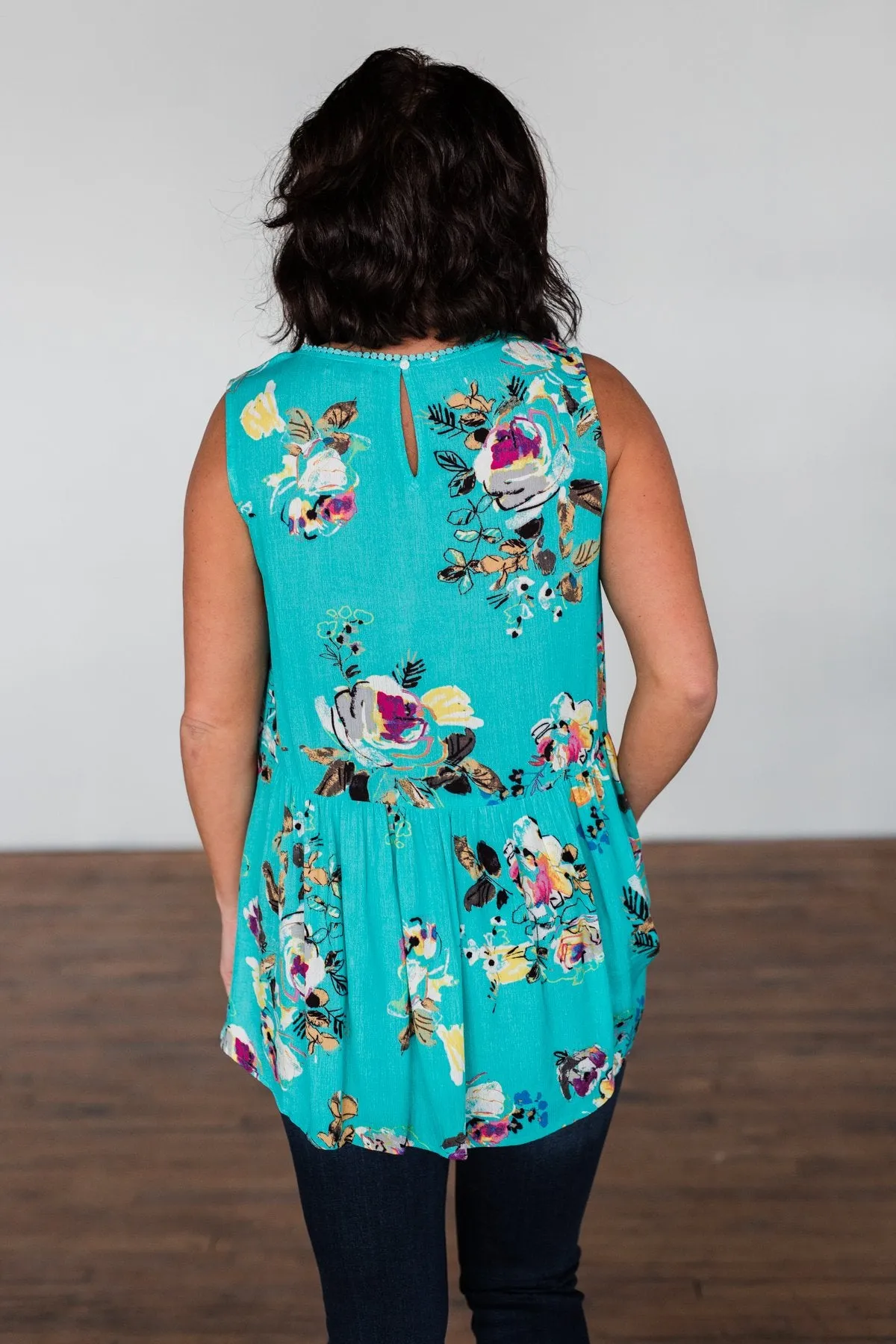 Tale Of Time Floral Babydoll Tank Top- Turquoise