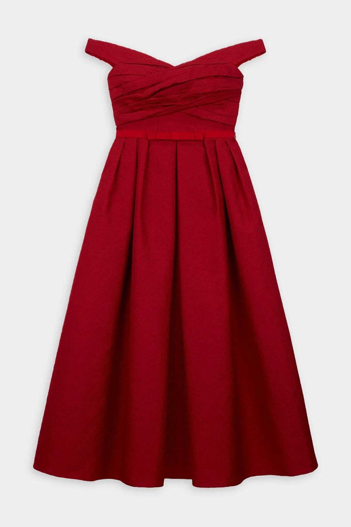 Textured Off-Shoulder Midi Dress in Red