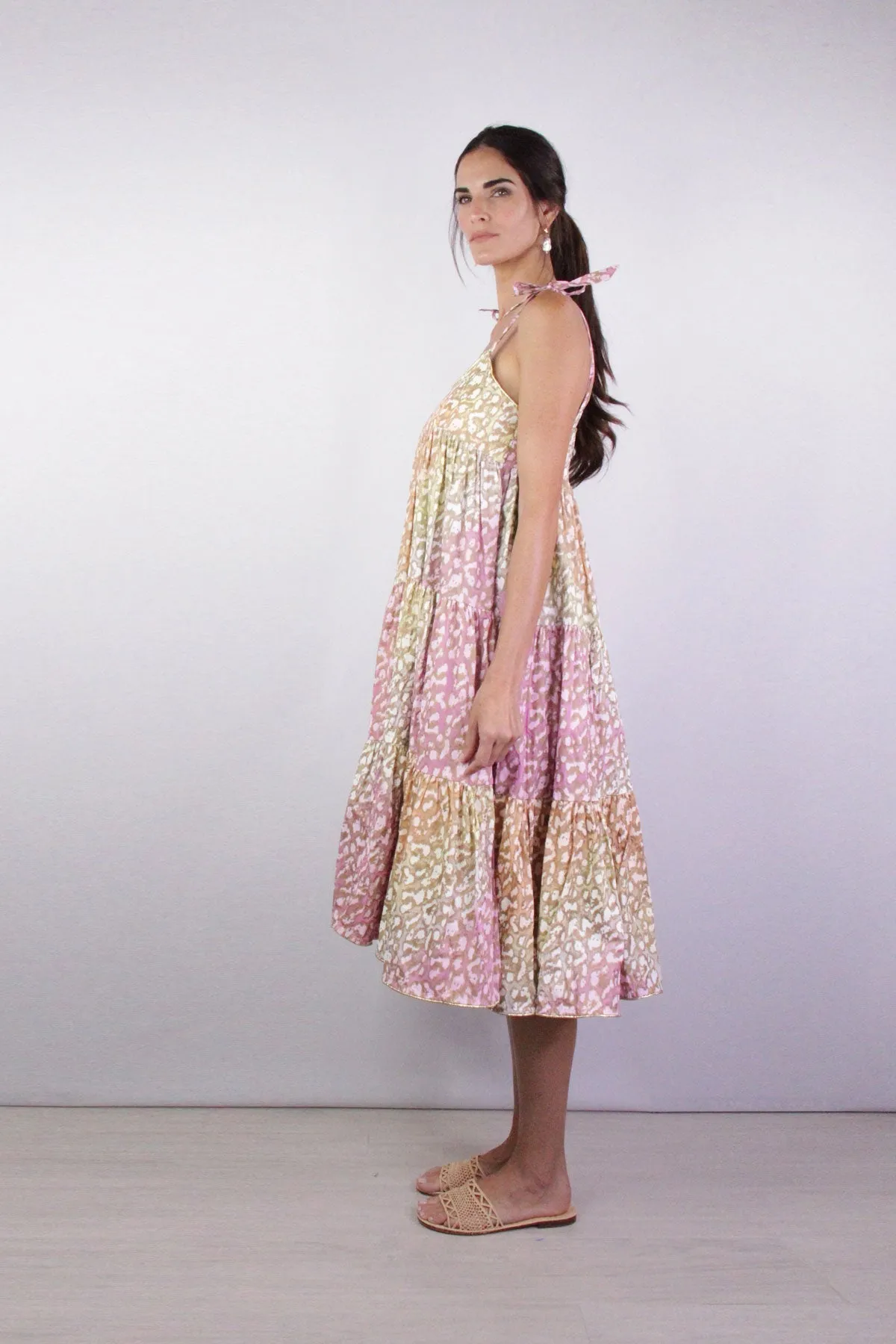 Tie Dye 70's Sun Dress with Snow Leopard Print in Orange