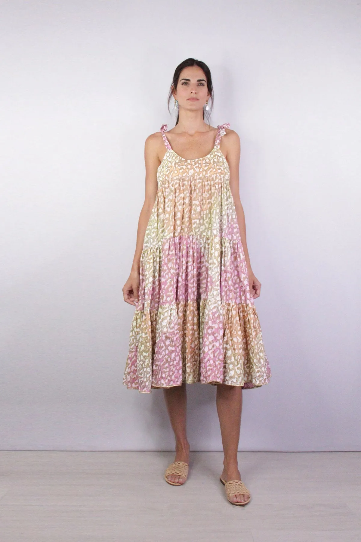 Tie Dye 70's Sun Dress with Snow Leopard Print in Orange