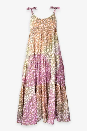 Tie Dye 70's Sun Dress with Snow Leopard Print in Orange