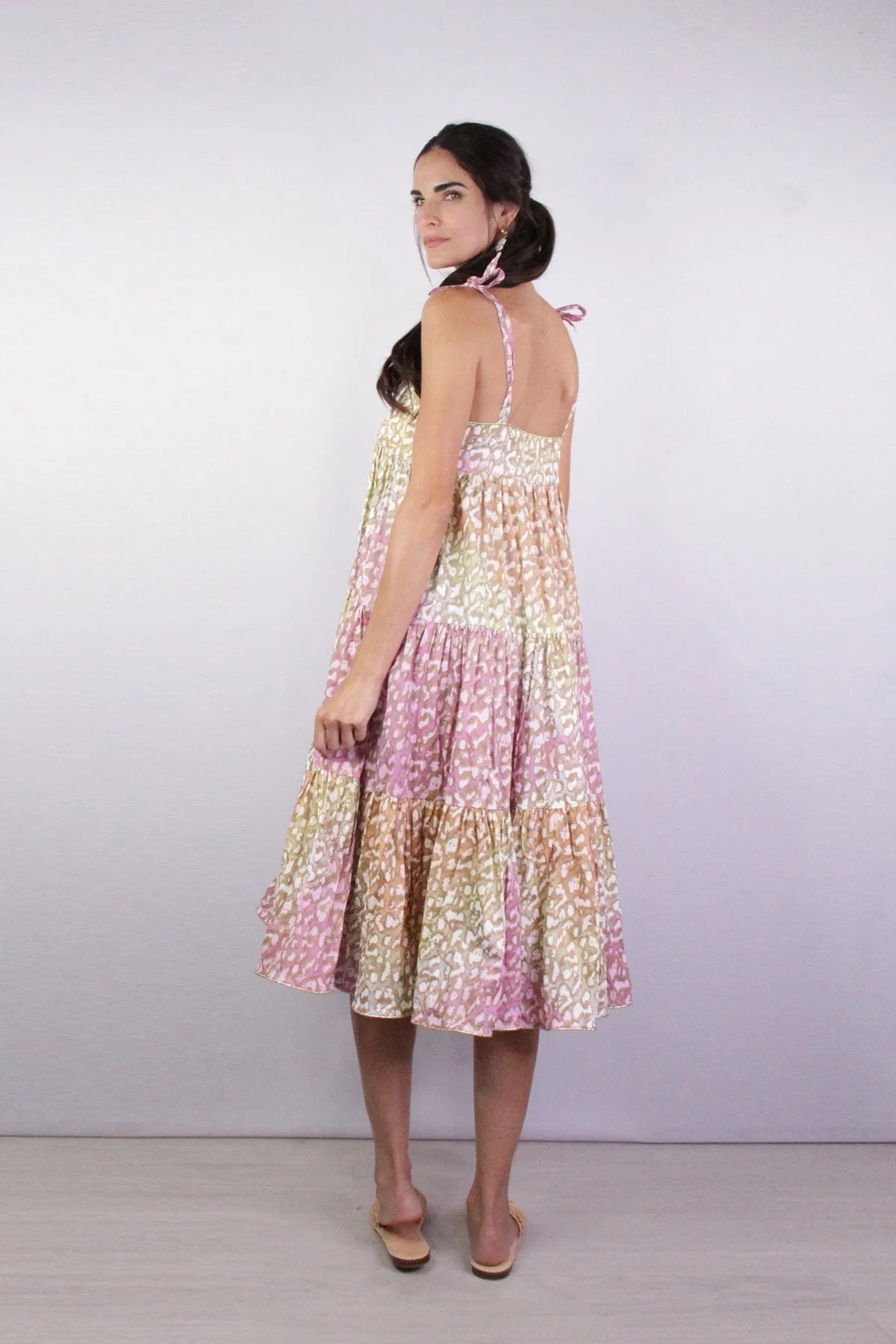 Tie Dye 70's Sun Dress with Snow Leopard Print in Orange