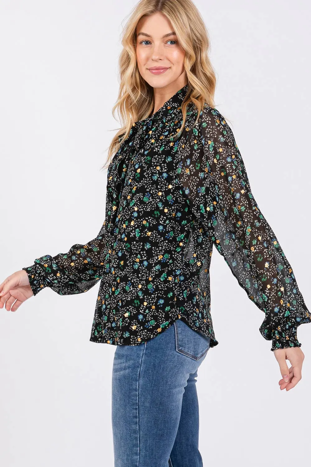 Tie Neck Long Sleeve Floral Sage   Fig Blouse: Black