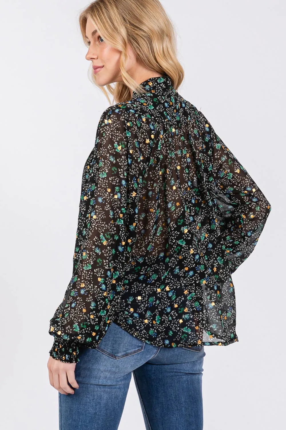 Tie Neck Long Sleeve Floral Sage   Fig Blouse: Black