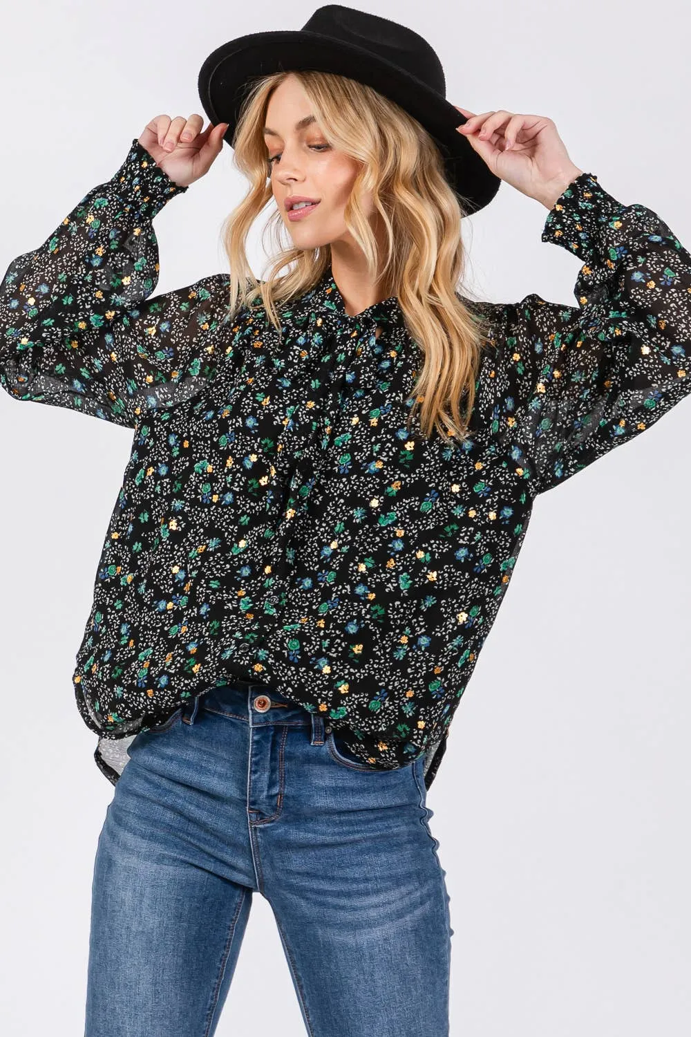 Tie Neck Long Sleeve Floral Sage   Fig Blouse: Black