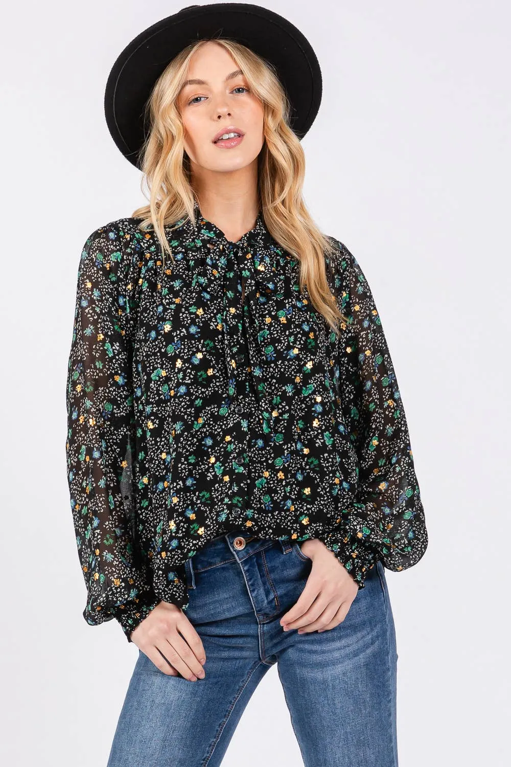 Tie Neck Long Sleeve Floral Sage   Fig Blouse: Black