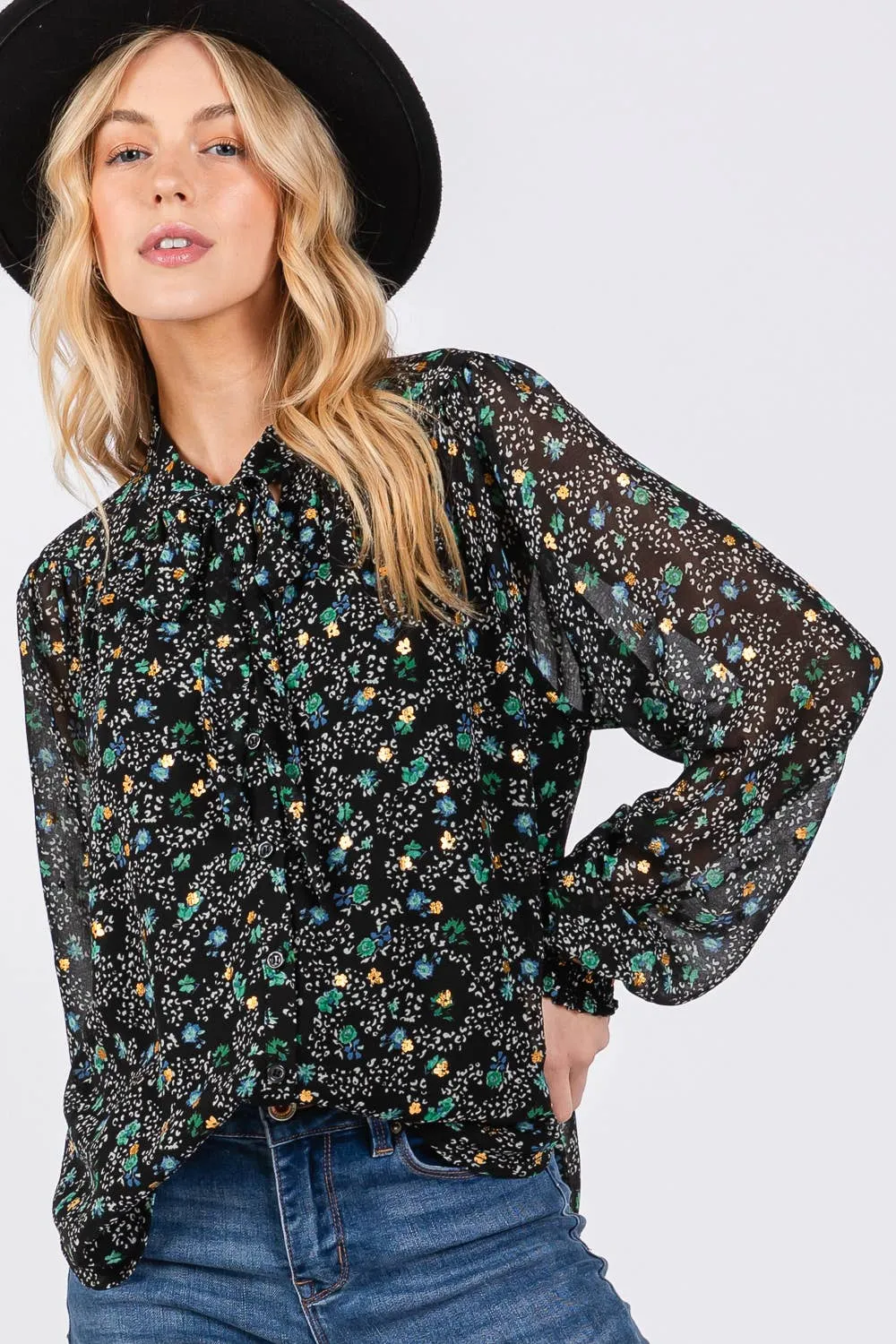 Tie Neck Long Sleeve Floral Sage   Fig Blouse: Black