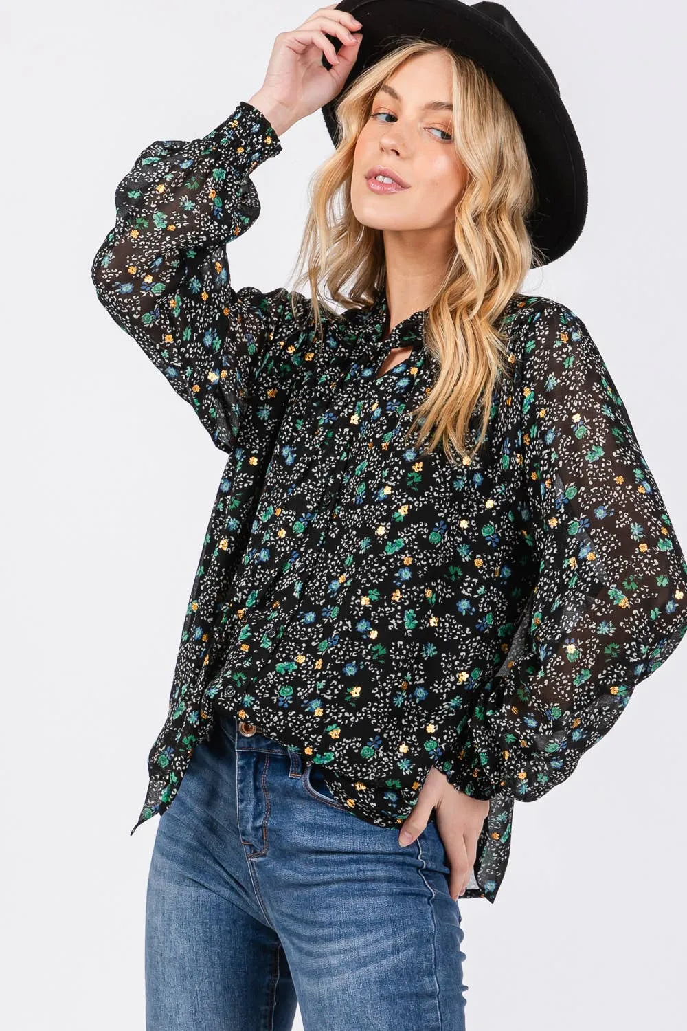 Tie Neck Long Sleeve Floral Sage   Fig Blouse: Black