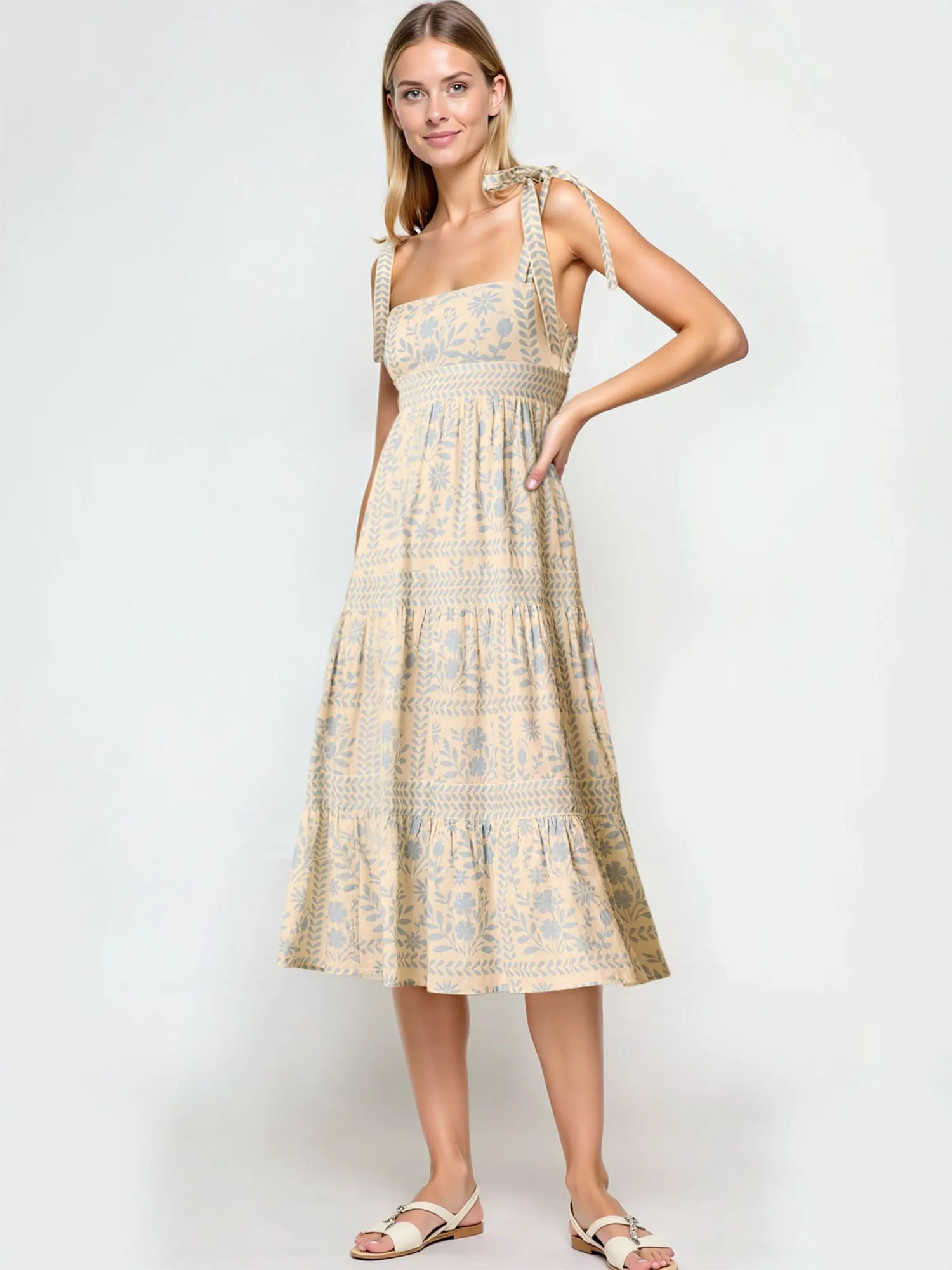 Tie Shoulder Floral Midi Sun Dress