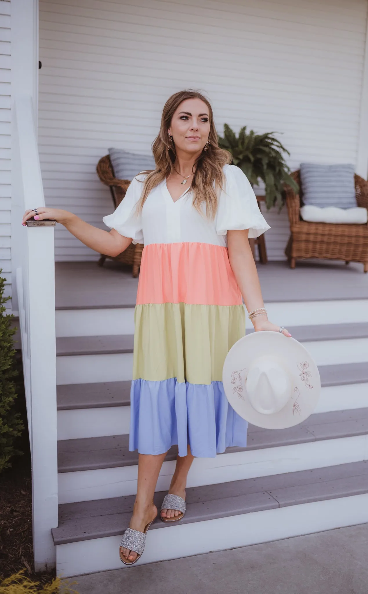 Tiered V Neck Midi Colorblock Dress