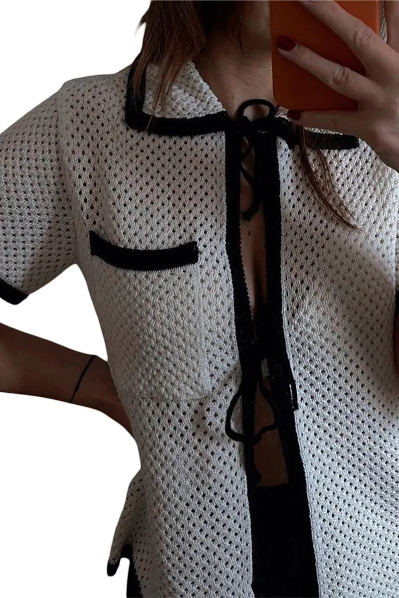 TT3076 Crochet Short Sleeve Shirt Top