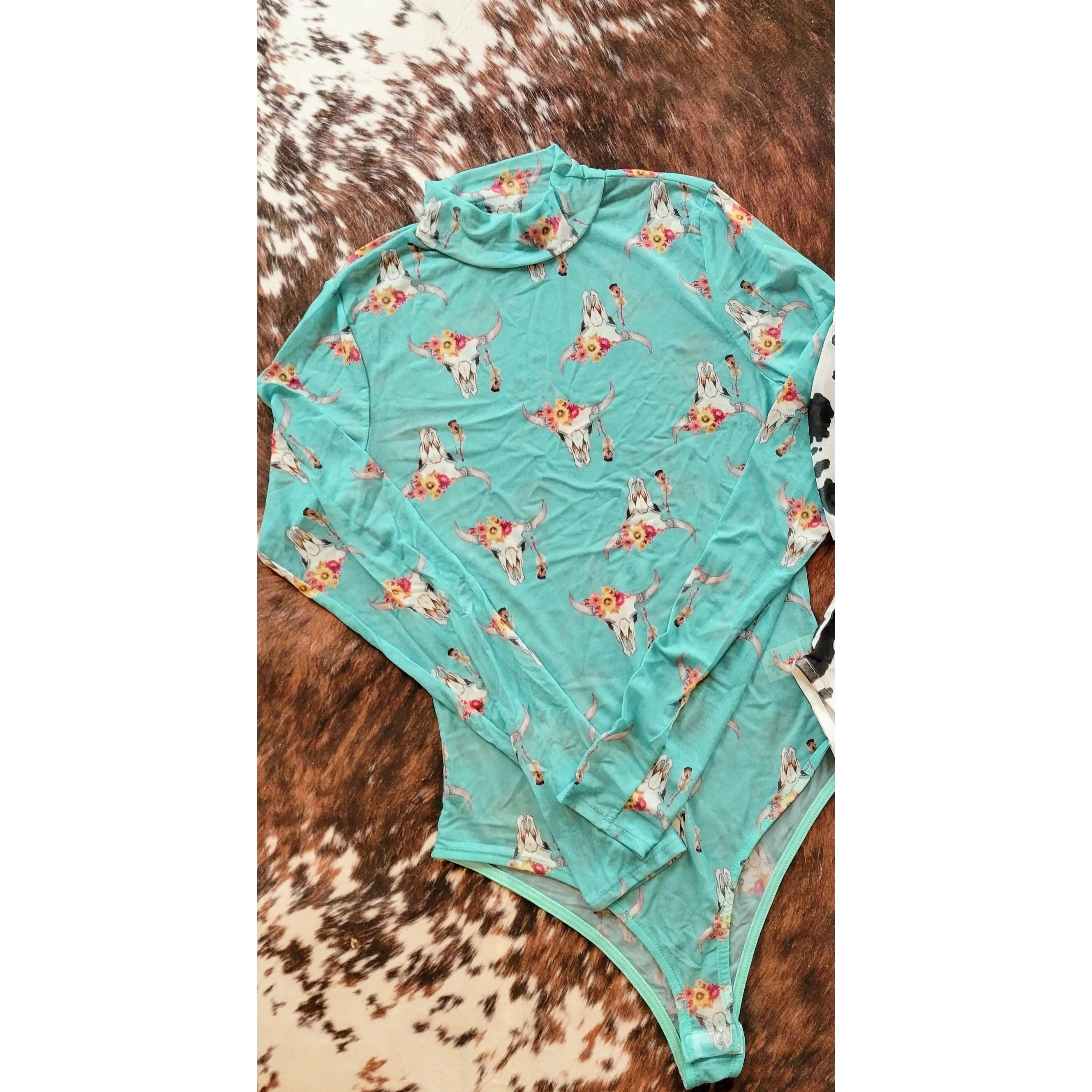 Turquoise Cow Skull Mesh Bodysuit