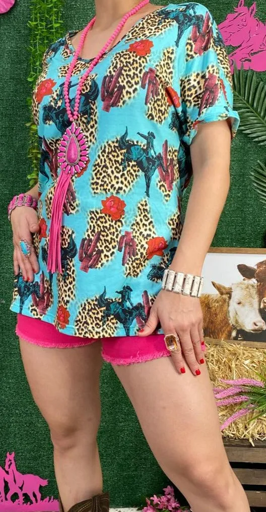 Turquoise Top with Bronc rider, Cactus, & Leopard print
