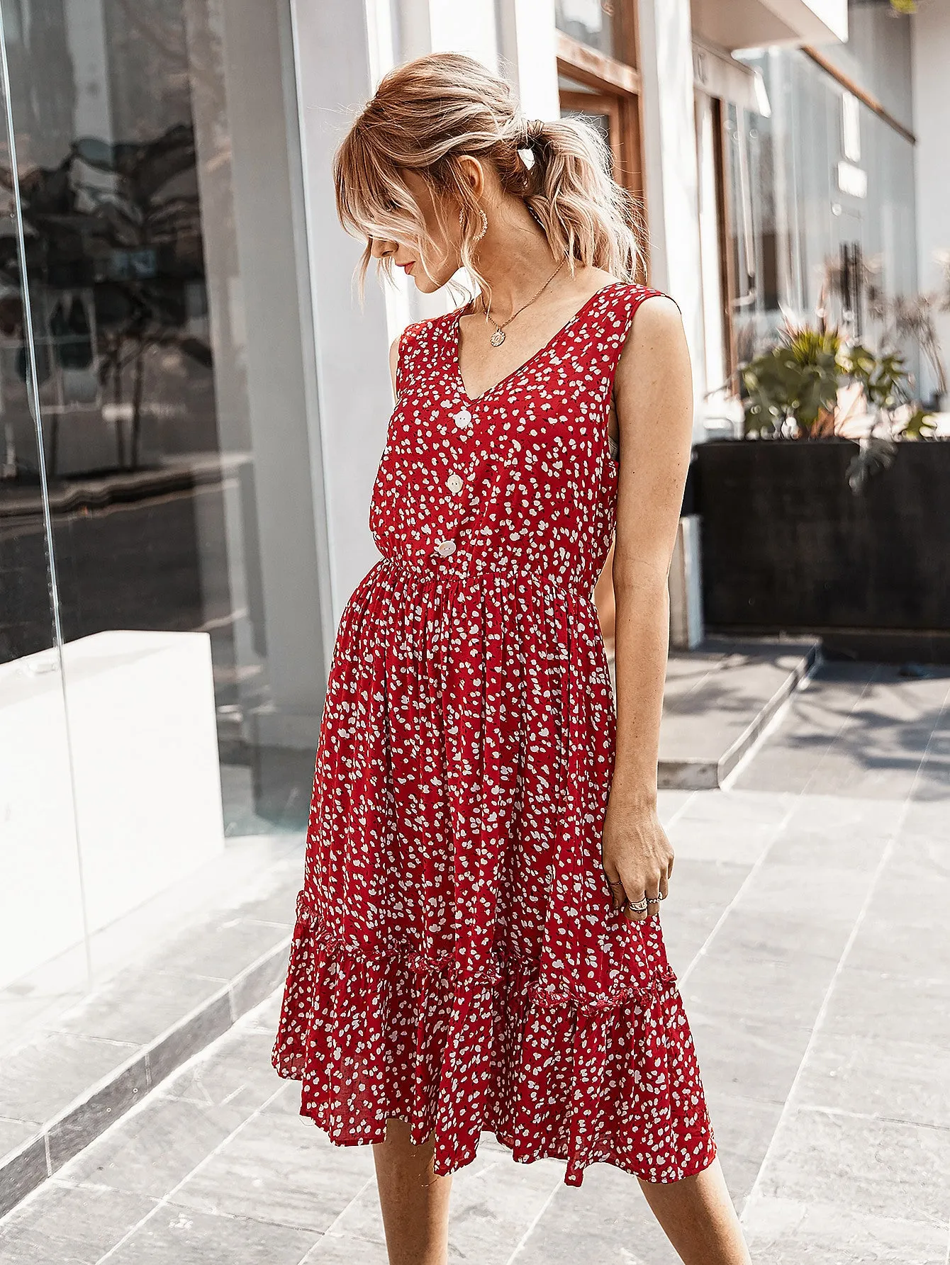 V-neck Button Floral Midi Maxi Dresses