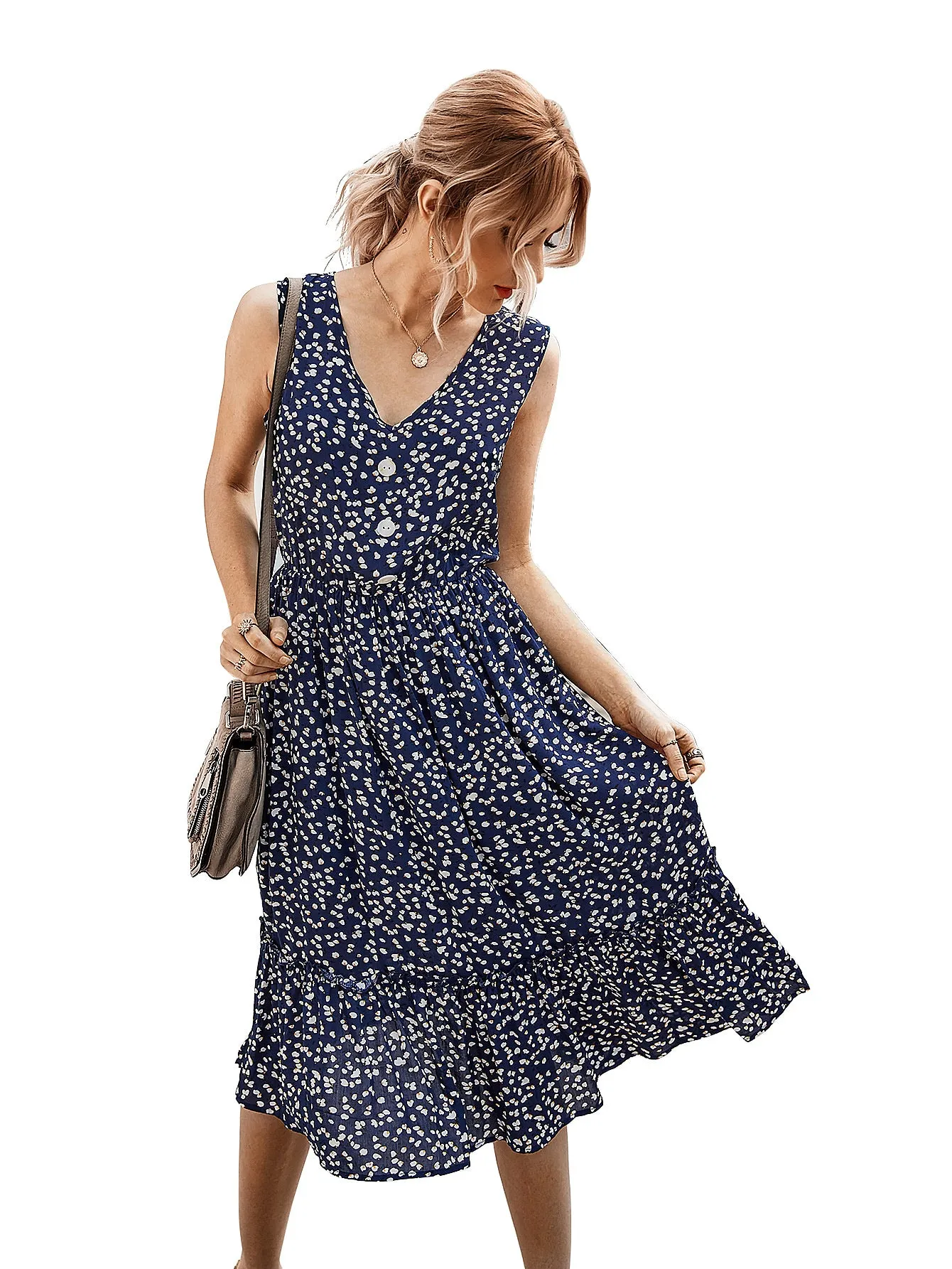 V-neck Button Floral Midi Maxi Dresses