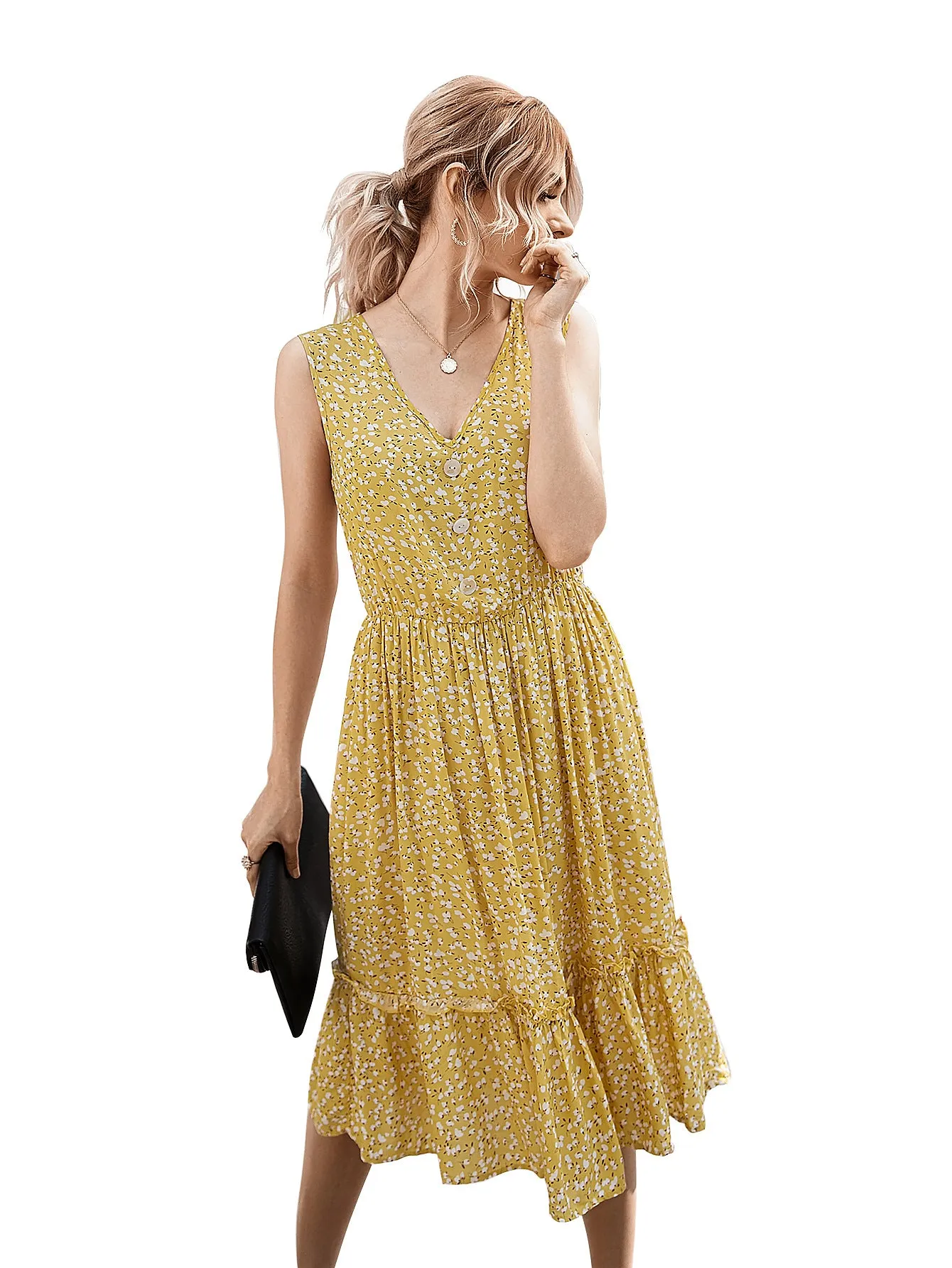 V-neck Button Floral Midi Maxi Dresses