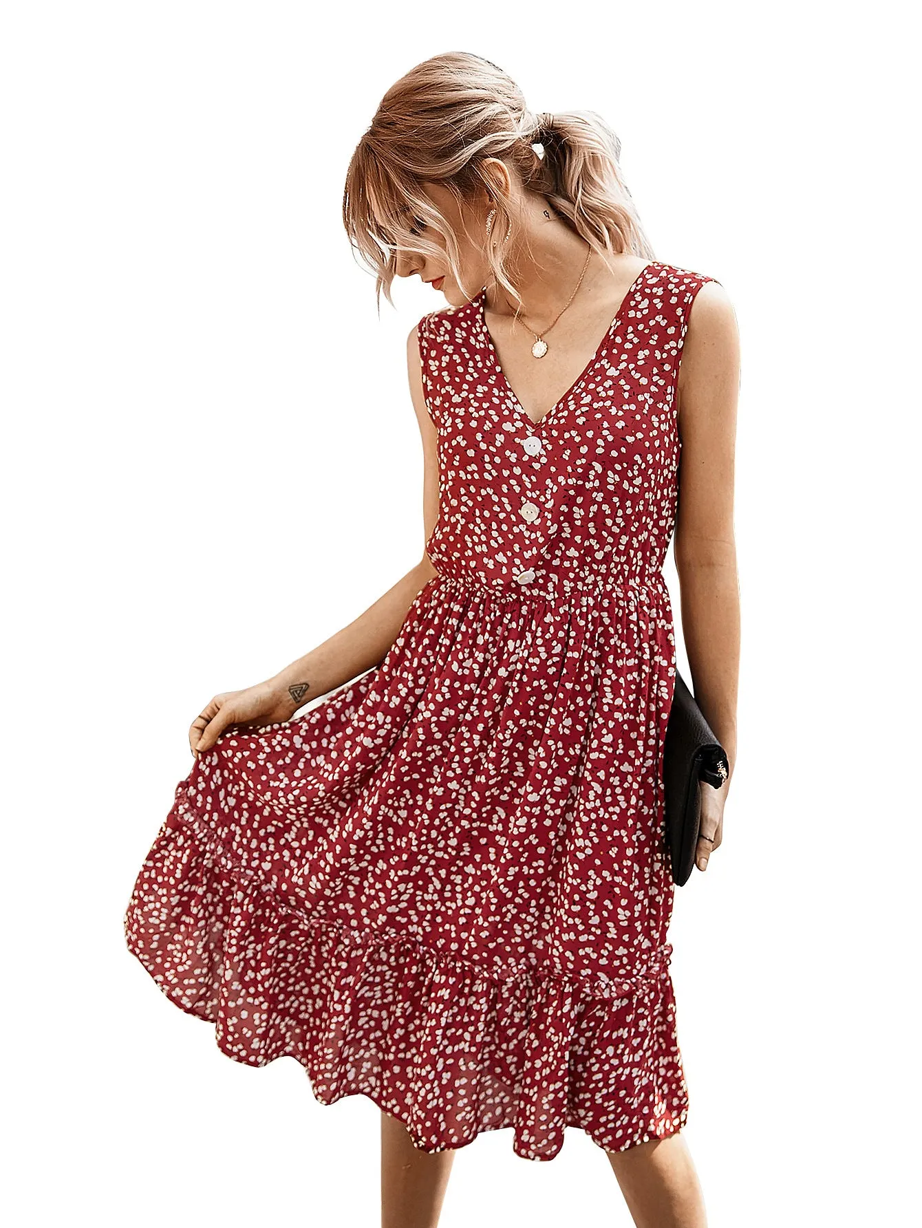 V-neck Button Floral Midi Maxi Dresses