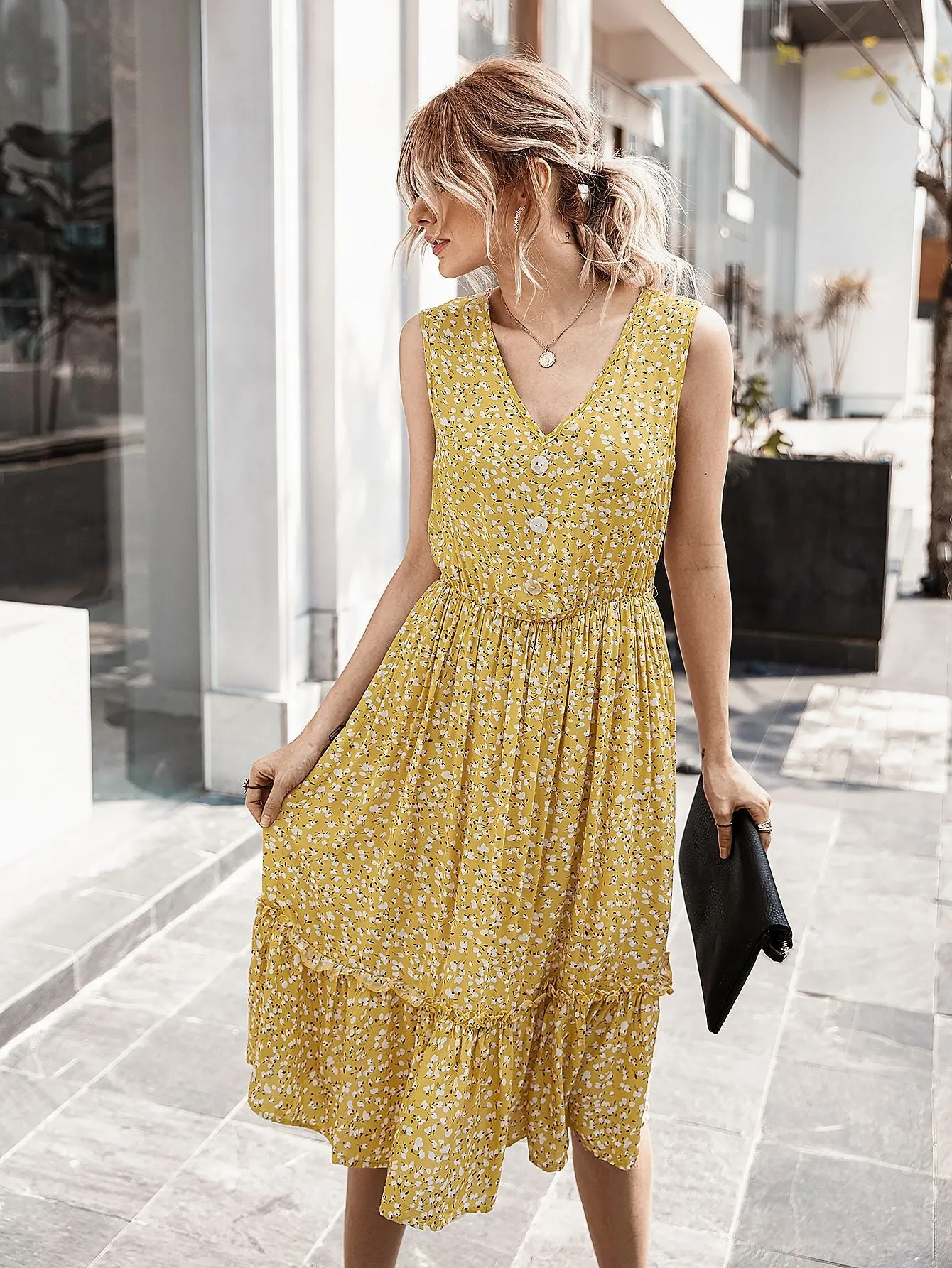 V-neck Button Floral Midi Maxi Dresses
