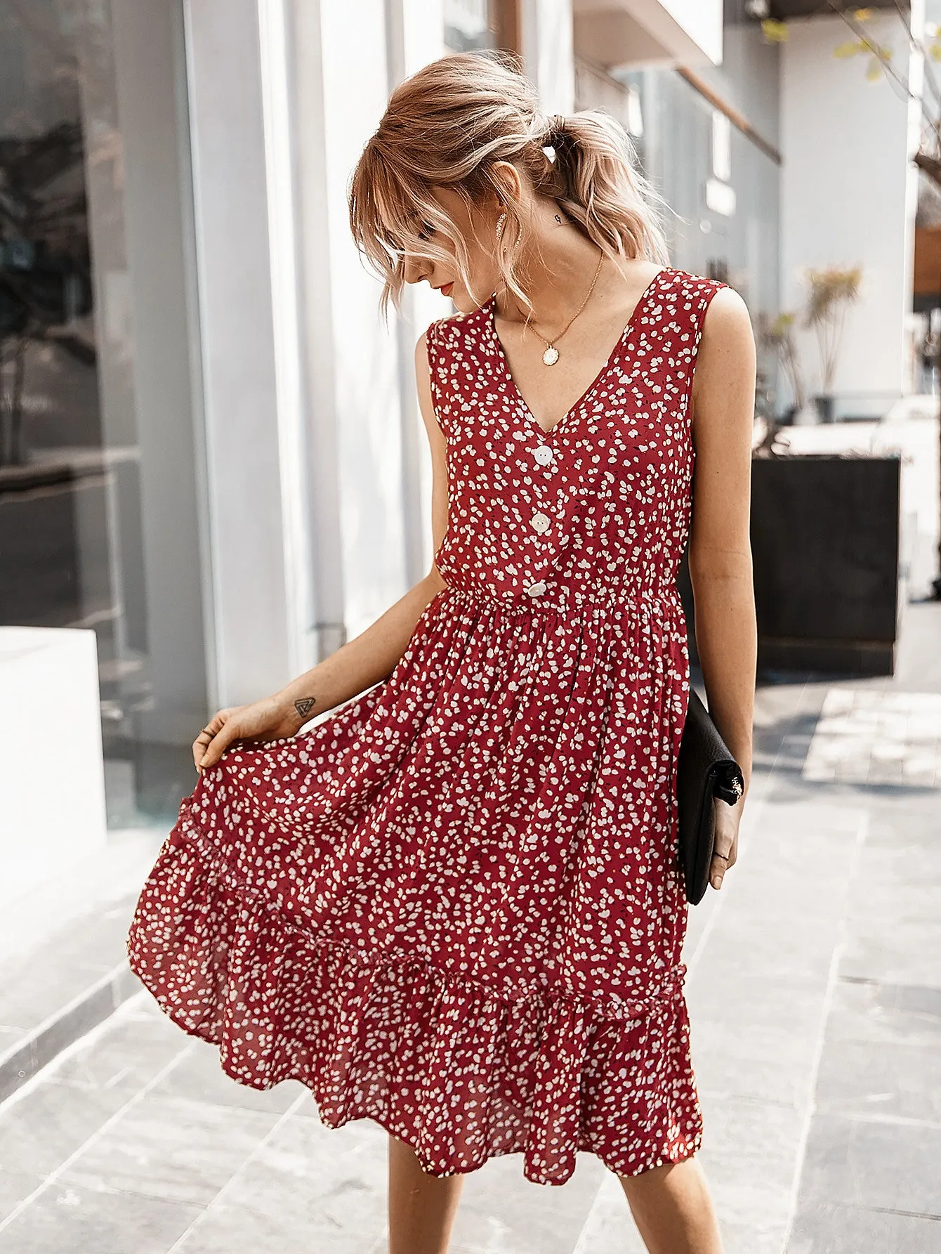 V-neck Button Floral Midi Maxi Dresses
