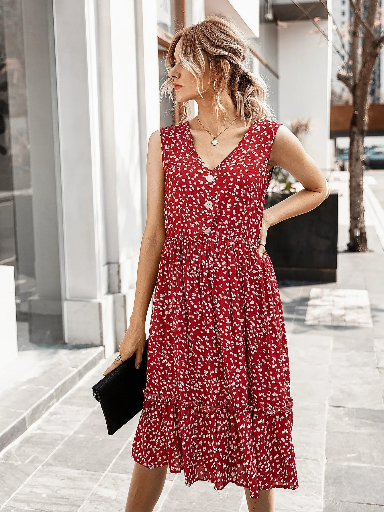 V-neck Button Floral Midi Maxi Dresses