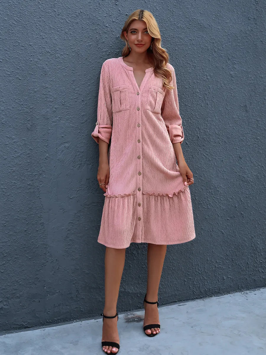 V-neck Single-breasted Pleated Fishtail Midi Dresses