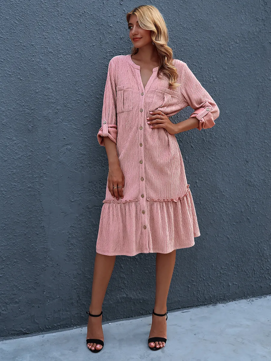 V-neck Single-breasted Pleated Fishtail Midi Dresses