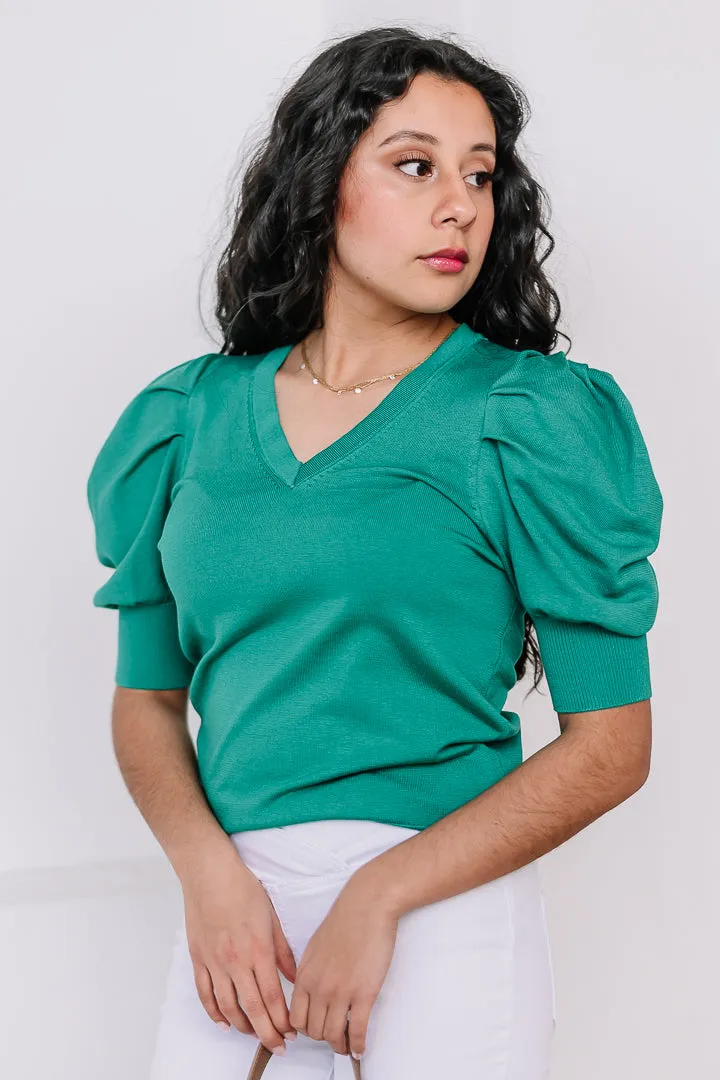 Verdant Vogue Puff Sleeve Sweater Top | Emerald