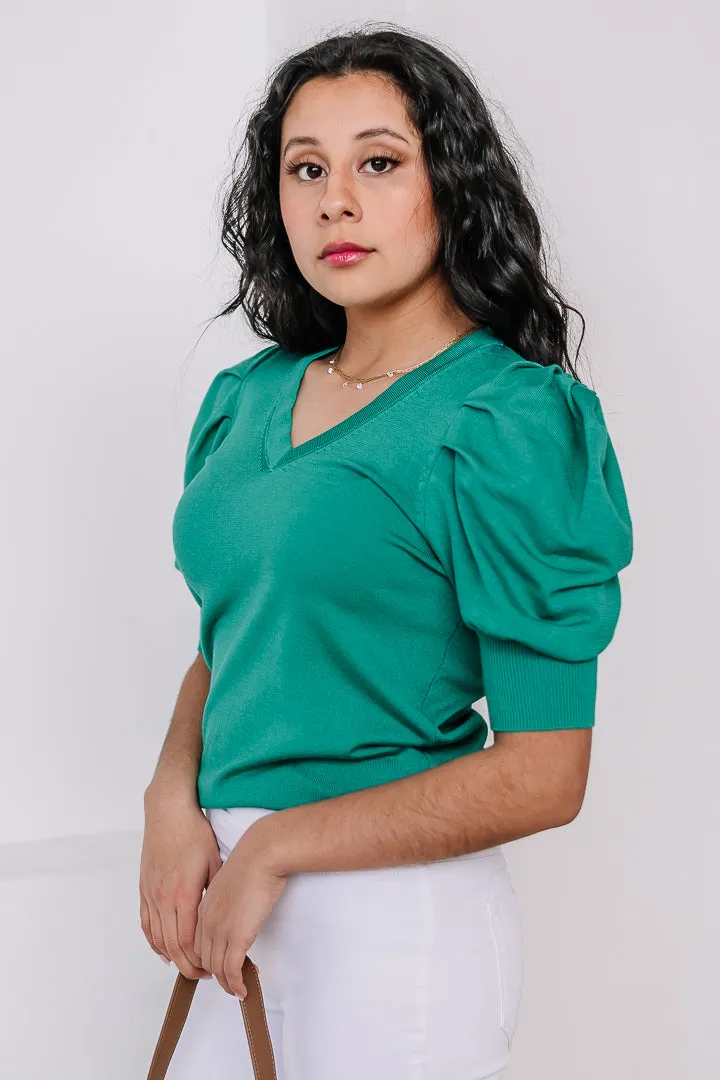 Verdant Vogue Puff Sleeve Sweater Top | Emerald