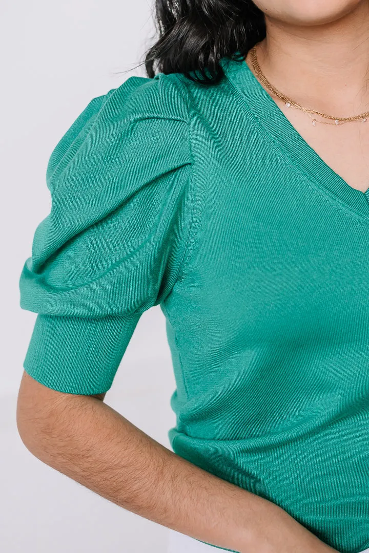Verdant Vogue Puff Sleeve Sweater Top | Emerald