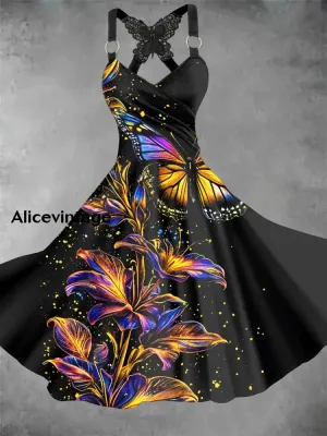Vintage V-neck Butterfly Art Print Casual Lace Bowknot Suspender Midi Dress