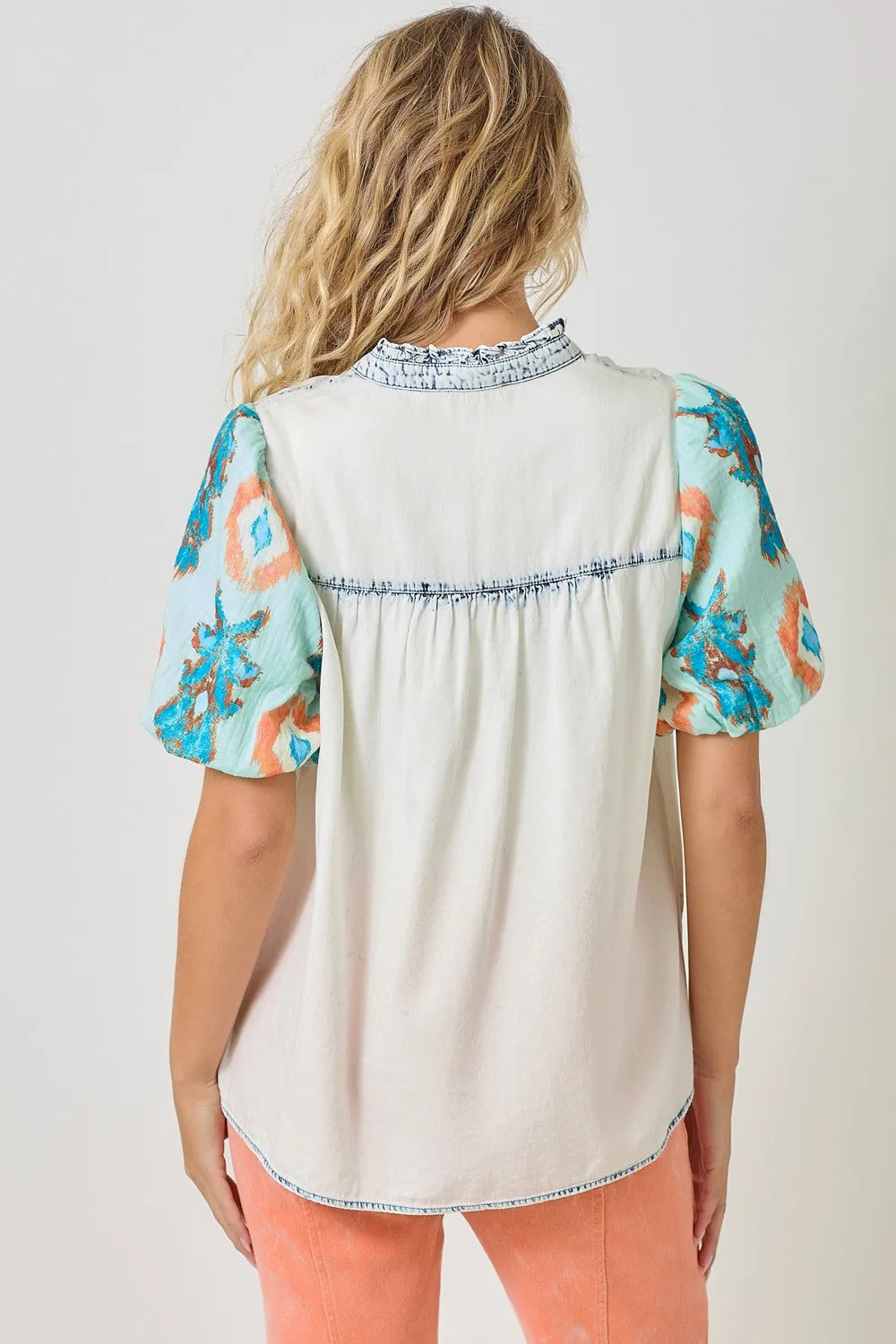 Washed Denim Top with Floral Sleeves