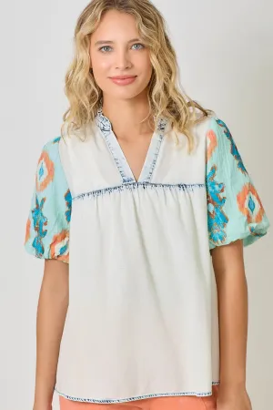 Washed Denim Top with Floral Sleeves