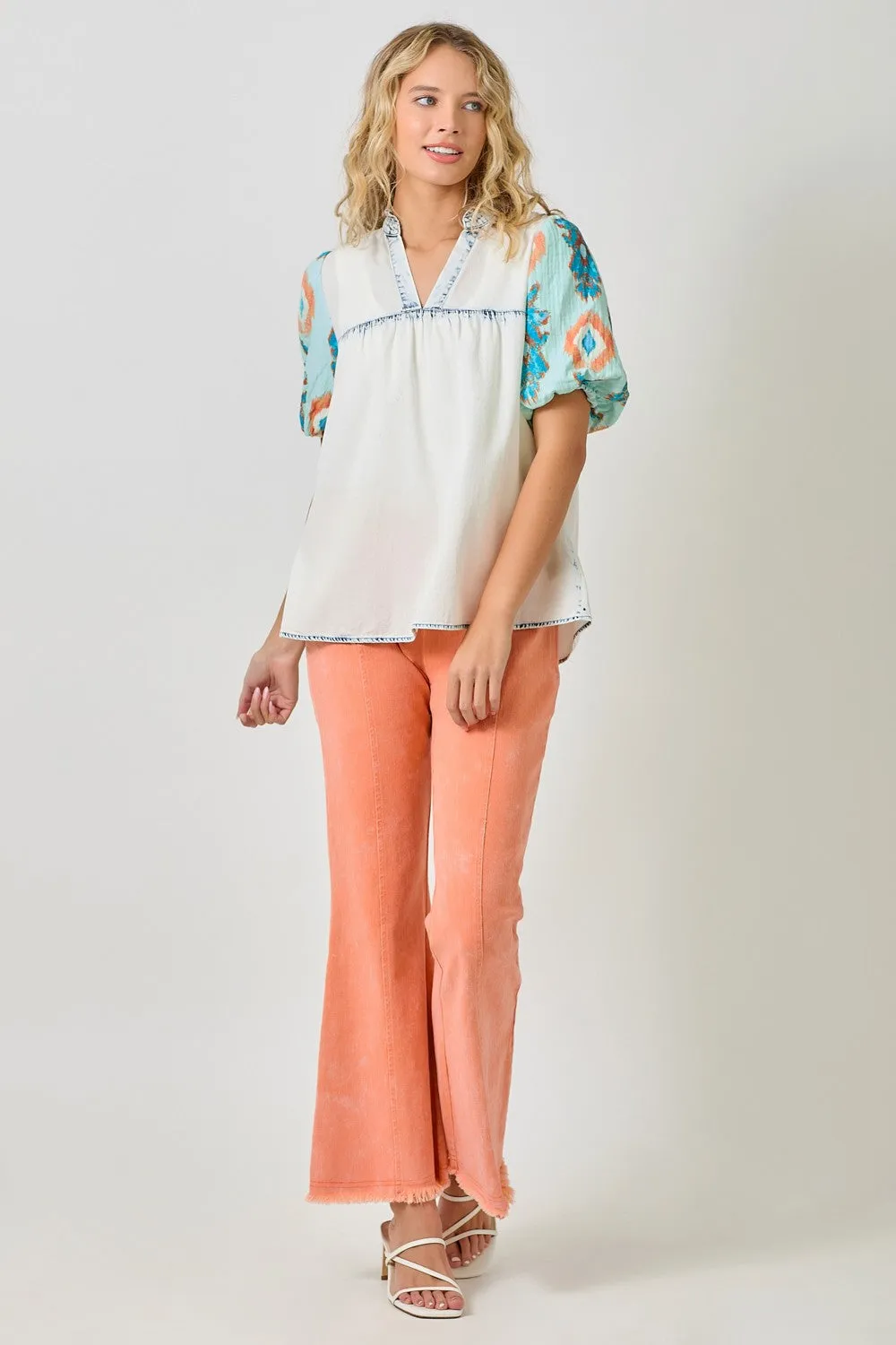 Washed Denim Top with Floral Sleeves