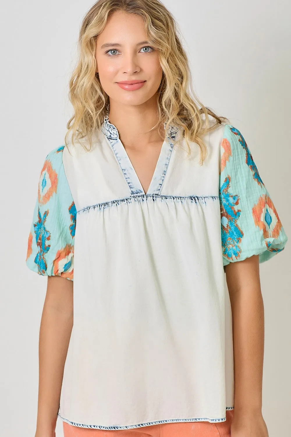 Washed Denim Top with Floral Sleeves