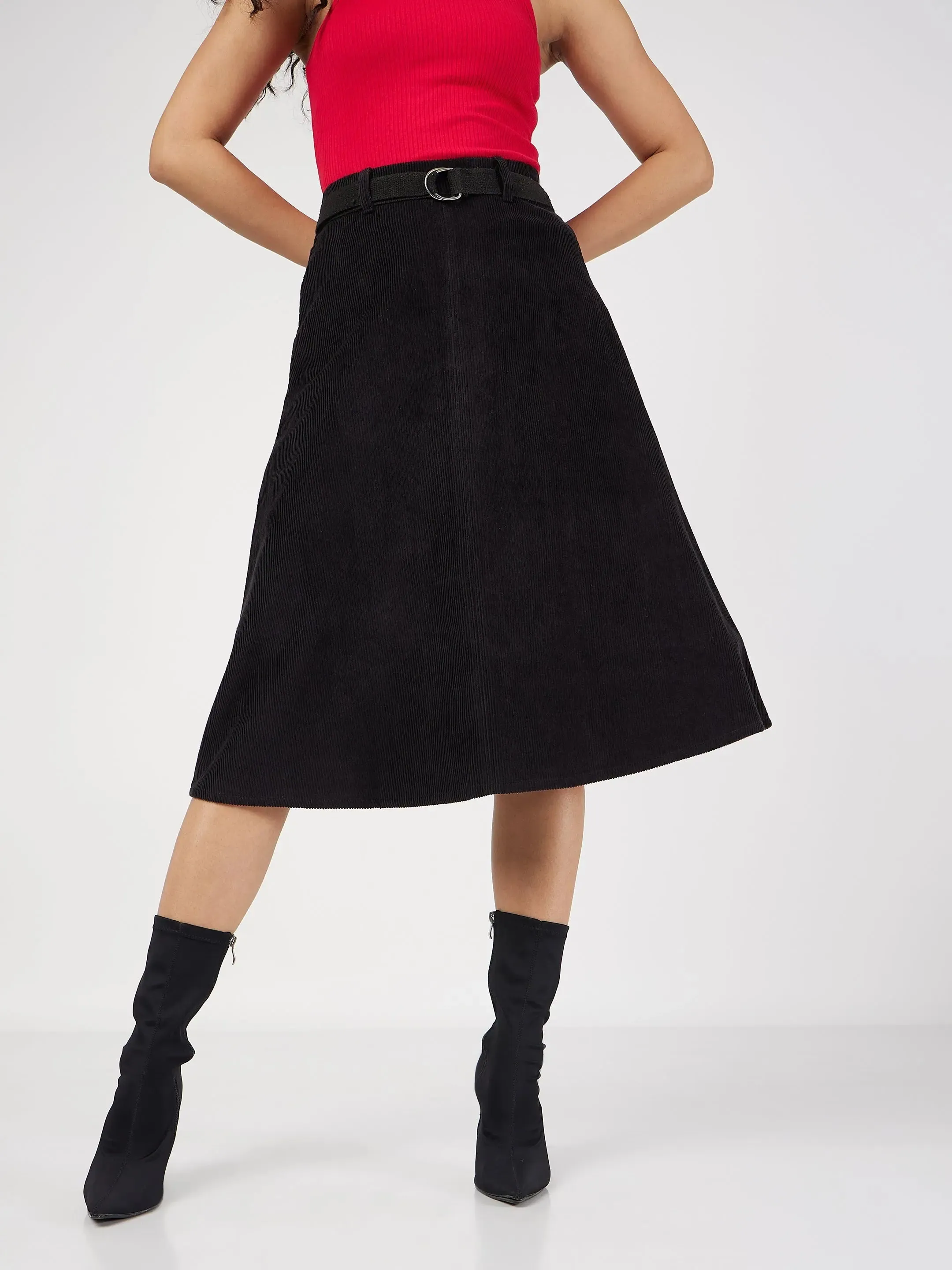 Women Black Corduroy A-Line Midi Skirt