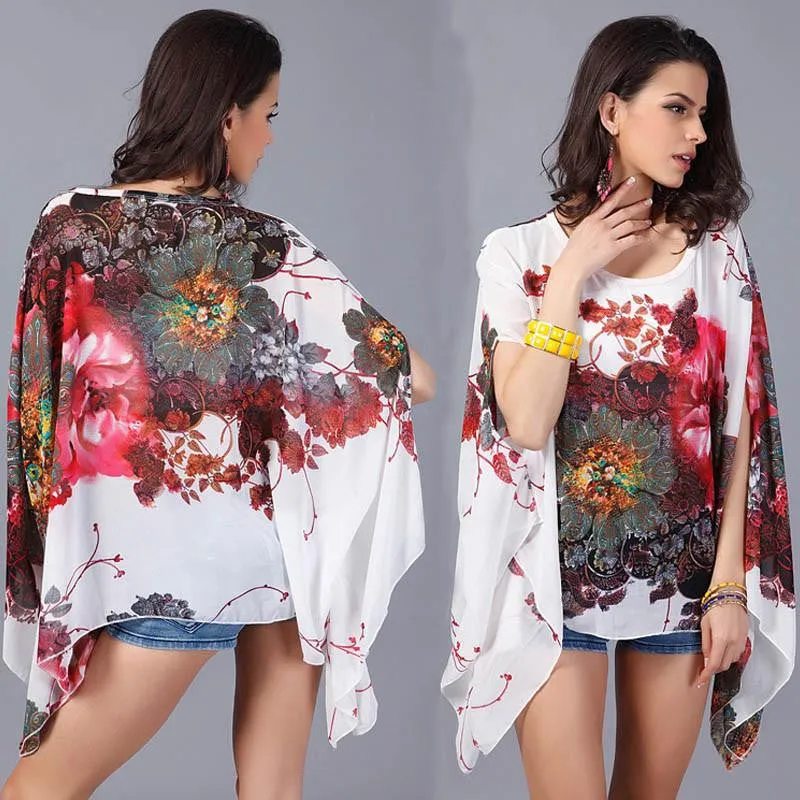 Women Blouse Floral Print Batwing Chiffon Kimono Shirt Big Plus Size Ladies Swimsuit Cover Up Tunic Tops