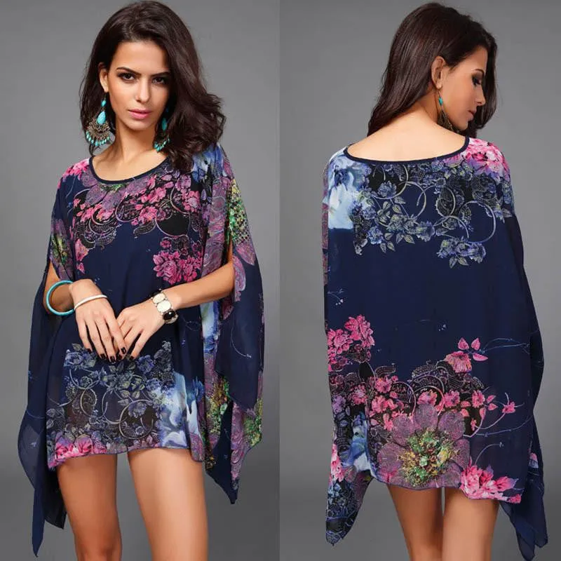Women Blouse Floral Print Batwing Chiffon Kimono Shirt Big Plus Size Ladies Swimsuit Cover Up Tunic Tops