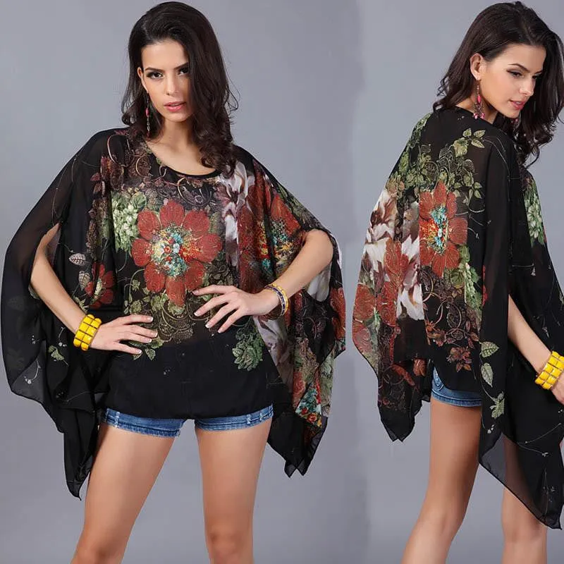 Women Blouse Floral Print Batwing Chiffon Kimono Shirt Big Plus Size Ladies Swimsuit Cover Up Tunic Tops