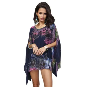 Women Blouse Floral Print Batwing Chiffon Kimono Shirt Big Plus Size Ladies Swimsuit Cover Up Tunic Tops