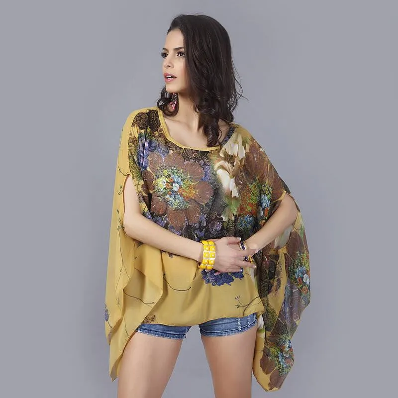 Women Blouse Floral Print Batwing Chiffon Kimono Shirt Big Plus Size Ladies Swimsuit Cover Up Tunic Tops
