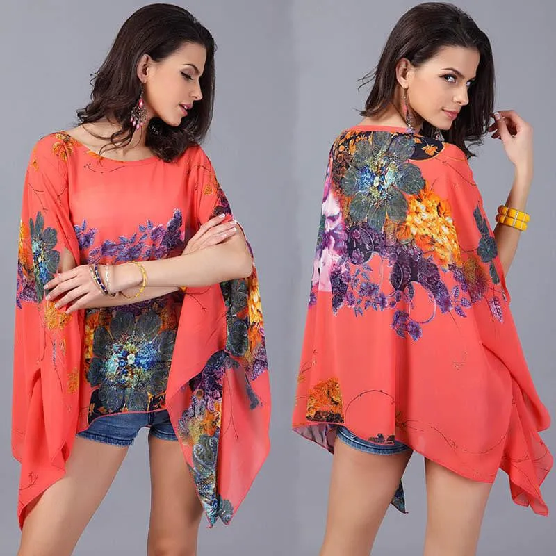 Women Blouse Floral Print Batwing Chiffon Kimono Shirt Big Plus Size Ladies Swimsuit Cover Up Tunic Tops